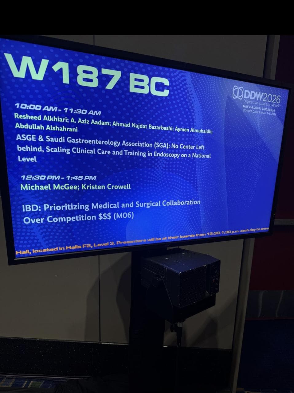 DDW 2026 session signage for W187 BC: ASGE & Saudi Gastroenterology Association — No Center Left Behind, Scaling Clinical Care and Training in Endoscopy on a National Level.