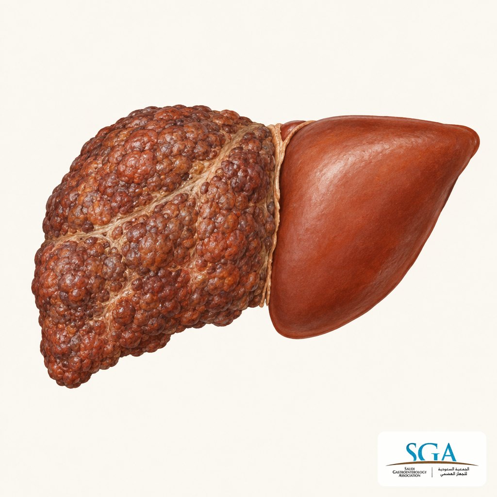 Illustration of a cirrhotic liver beside a healthy liver