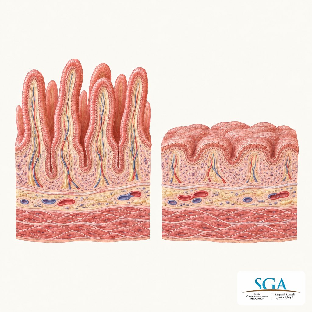 Illustration comparing healthy and flattened small-bowel villi