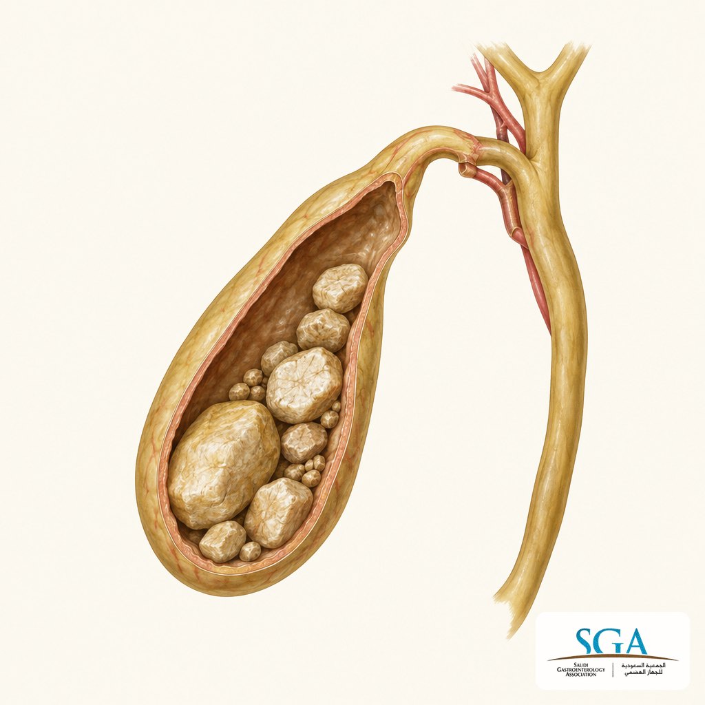 Illustration of gallstones in the gallbladder