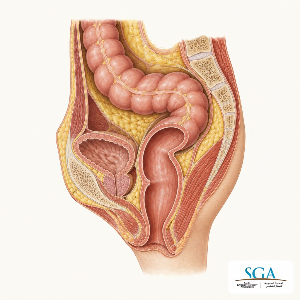 Illustration of the lower colon and rectum
