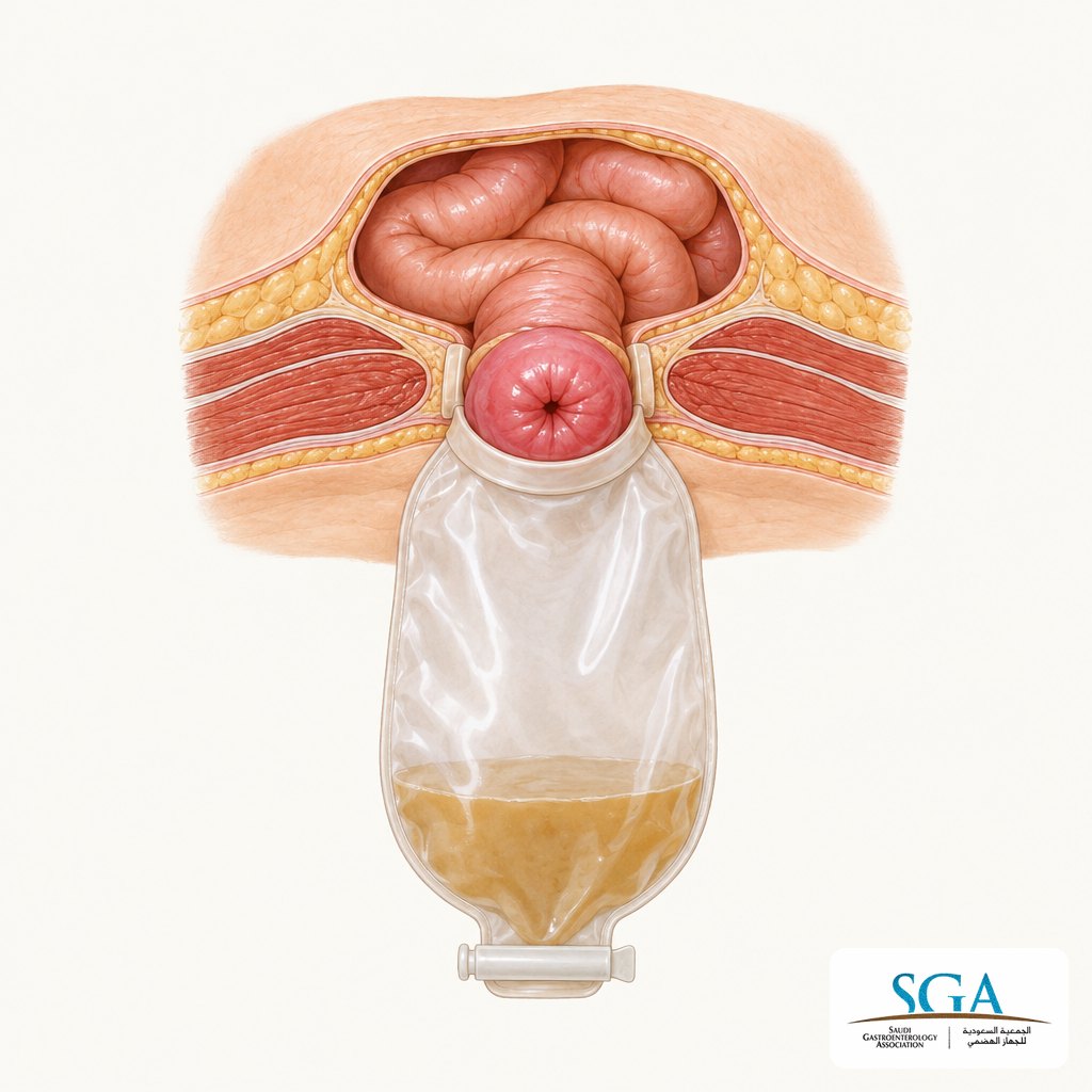 Illustration of an ileostomy with a collection pouch