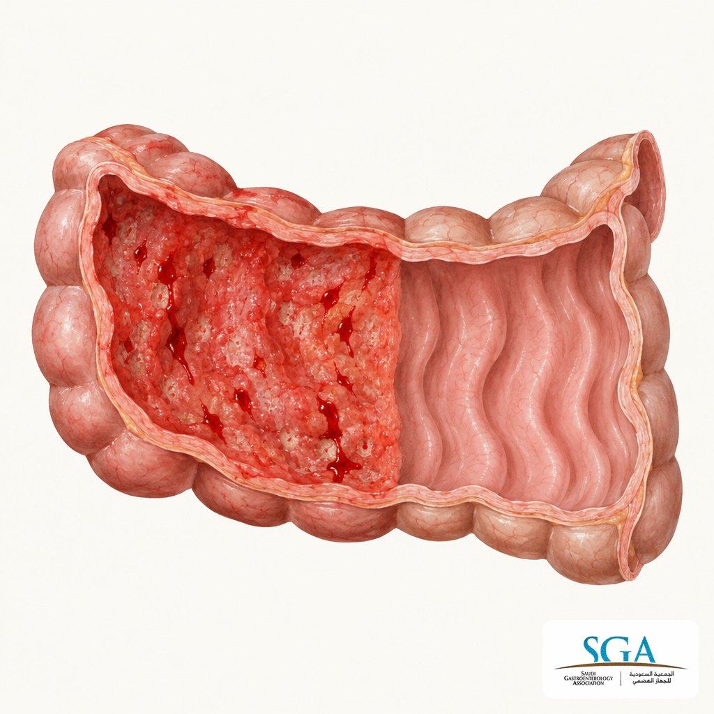 Illustration of an inflamed colon lining